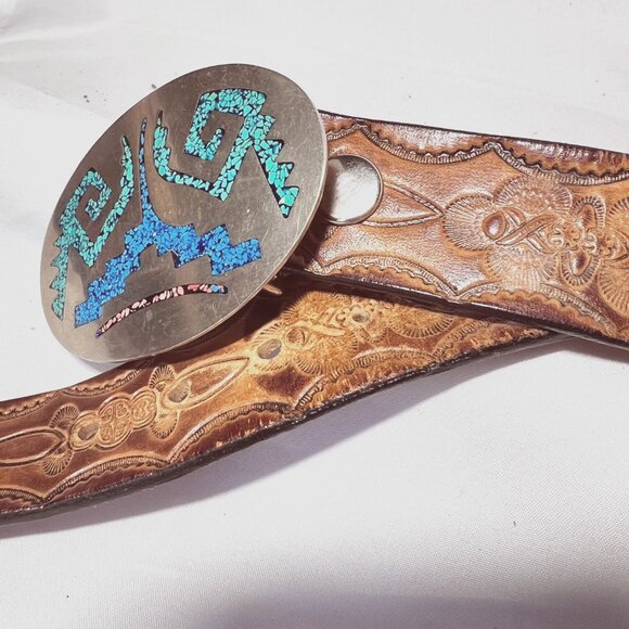 Mexican Silver-Turquoise Belt Buckle-Inlaid Stones/Chips-Tooled Leather Vintage main image 13